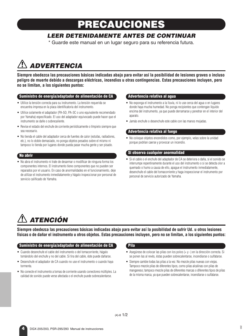 Precauciones, Advertencia, Atención | Leer detenidamente antes de continuar | Yamaha Portable Grand PortableGrand DGX-203 User Manual | Page 4 / 98