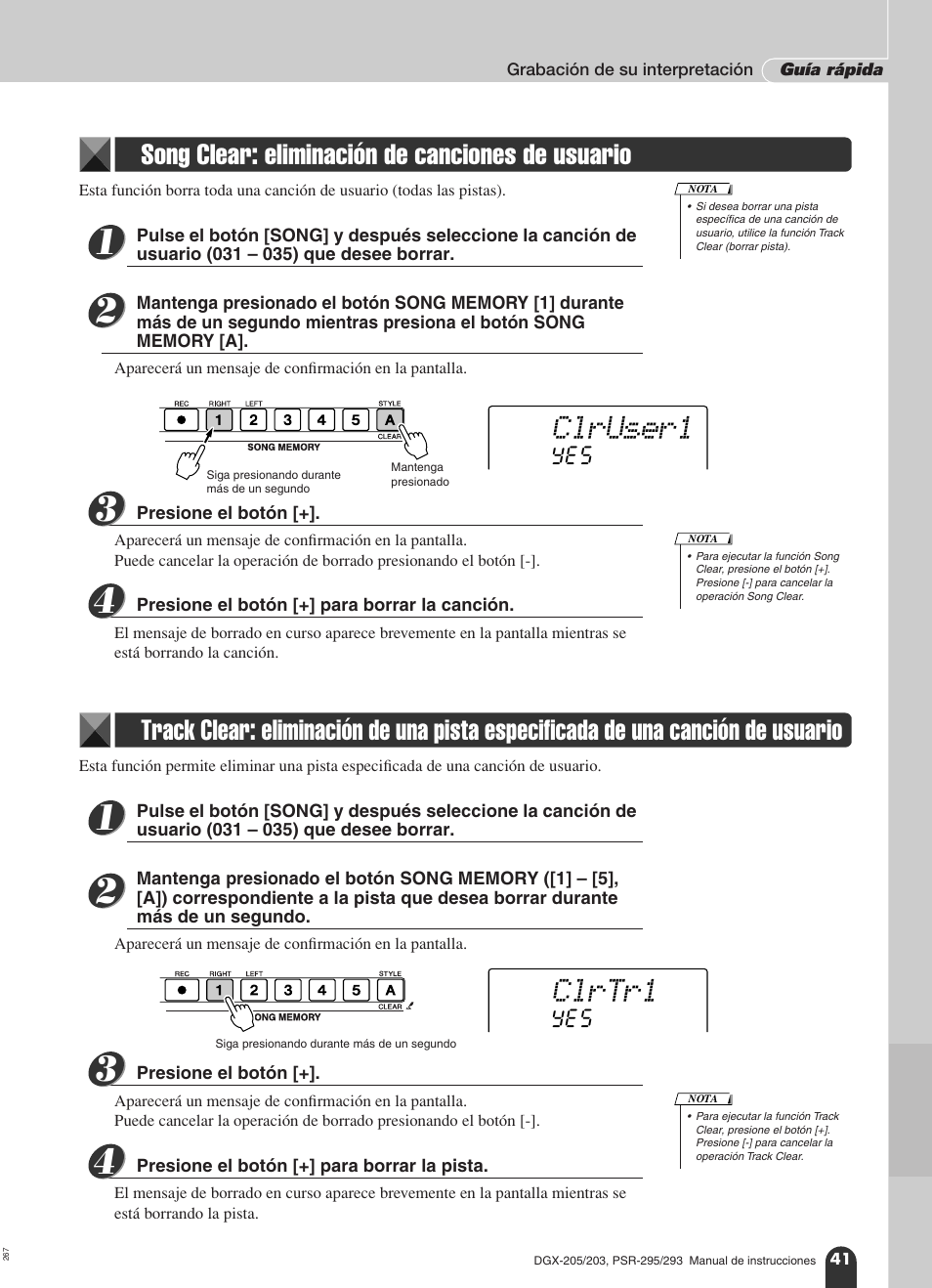 Song clear: eliminación de canciones de usuario, De una canción de usuario, Clruser1 | Clrtr1 | Yamaha Portable Grand PortableGrand DGX-203 User Manual | Page 41 / 98