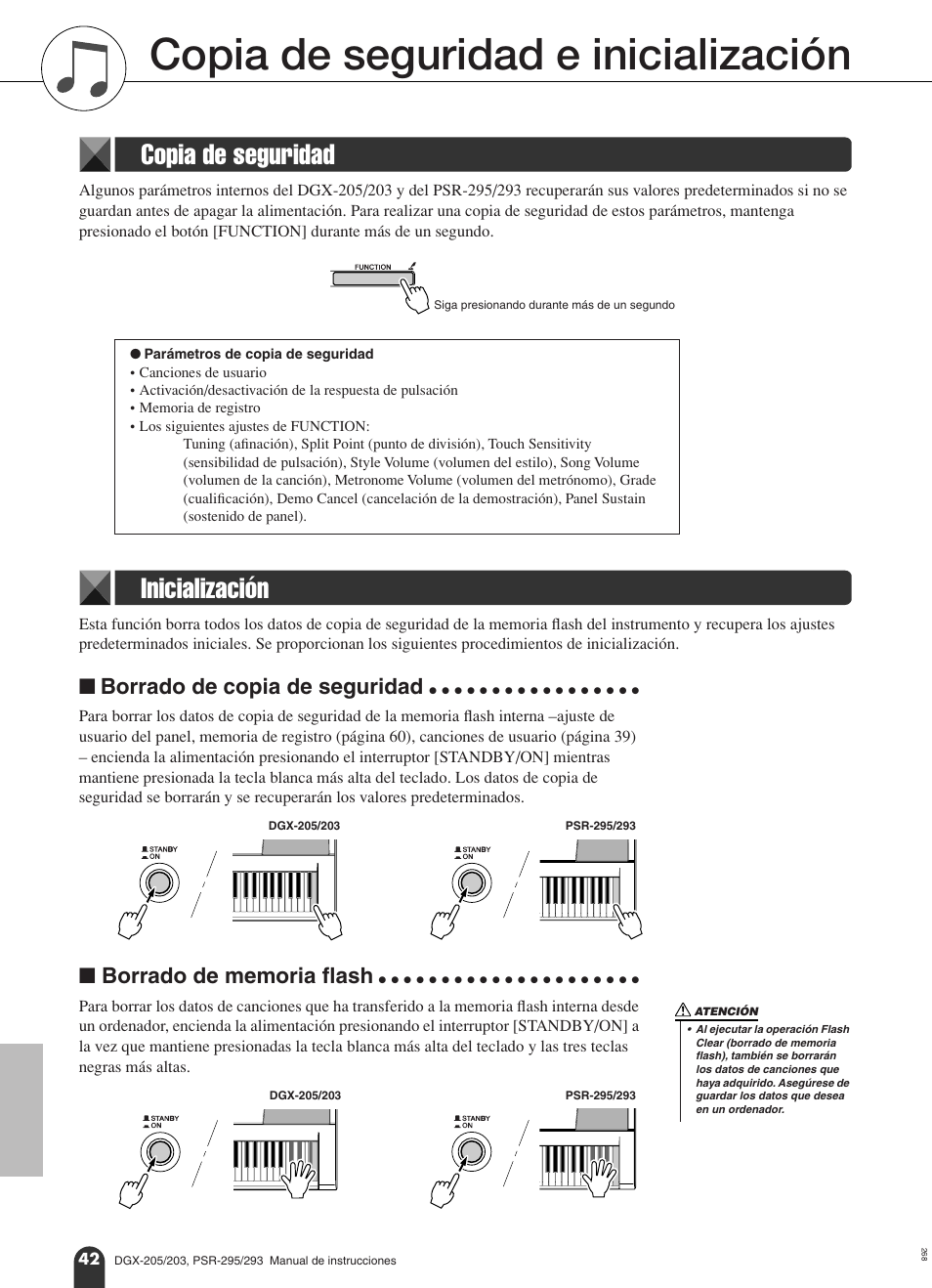 Copia de seguridad e inicialización, Copia de seguridad, Inicialización | N borrado de copia de seguridad, N borrado de memoria flash, Copia de seguridad inicialización, Borrado de copia de seguridad | Yamaha Portable Grand PortableGrand DGX-203 User Manual | Page 42 / 98