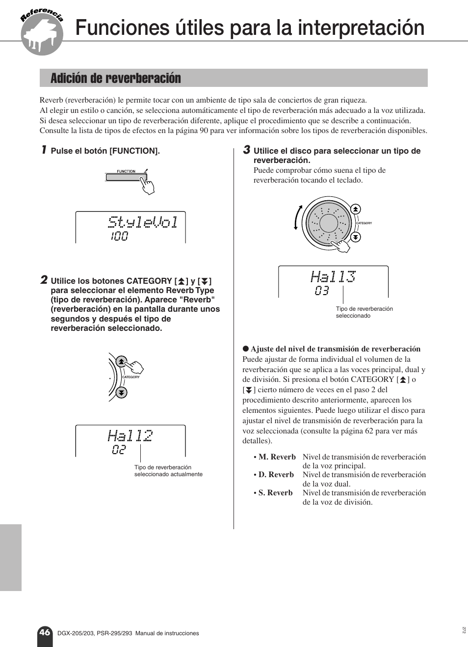 Funciones útiles para la interpretación, Adición de reverberación, Referencia | Stylevol, Hall2, Hall3 | Yamaha Portable Grand PortableGrand DGX-203 User Manual | Page 46 / 98