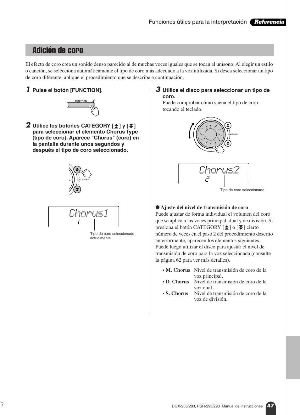 Adición de coro, Chorus1, Chorus2 | Yamaha Portable Grand PortableGrand DGX-203 User Manual | Page 47 / 98