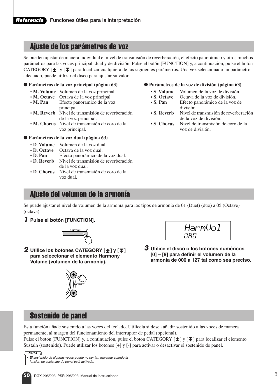 Ajuste de los parámetros de voz, Ajuste del volumen de la armonía, Sostenido de panel | Harmvol | Yamaha Portable Grand PortableGrand DGX-203 User Manual | Page 50 / 98