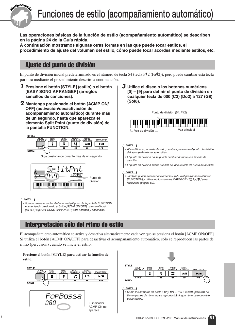 Funciones de estilo (acompañamiento automático), Ajuste del punto de división, Interpretación sólo del ritmo de estilo | Splitpnt, Popbossa | Yamaha Portable Grand PortableGrand DGX-203 User Manual | Page 51 / 98