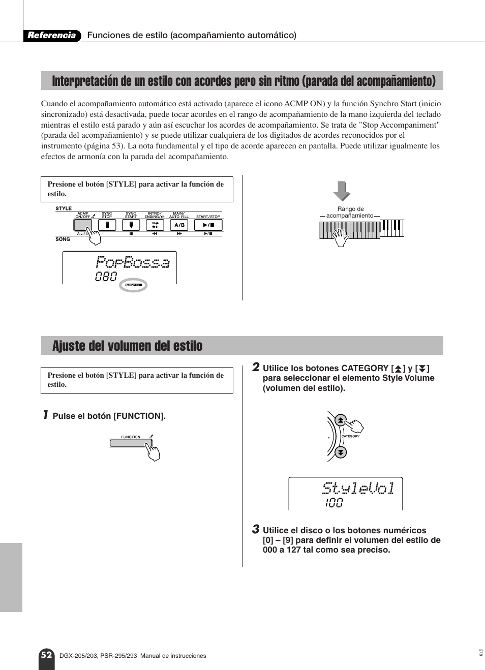 Ajuste del volumen del estilo, Parada del acompañamiento), Popbossa | Stylevol | Yamaha Portable Grand PortableGrand DGX-203 User Manual | Page 52 / 98