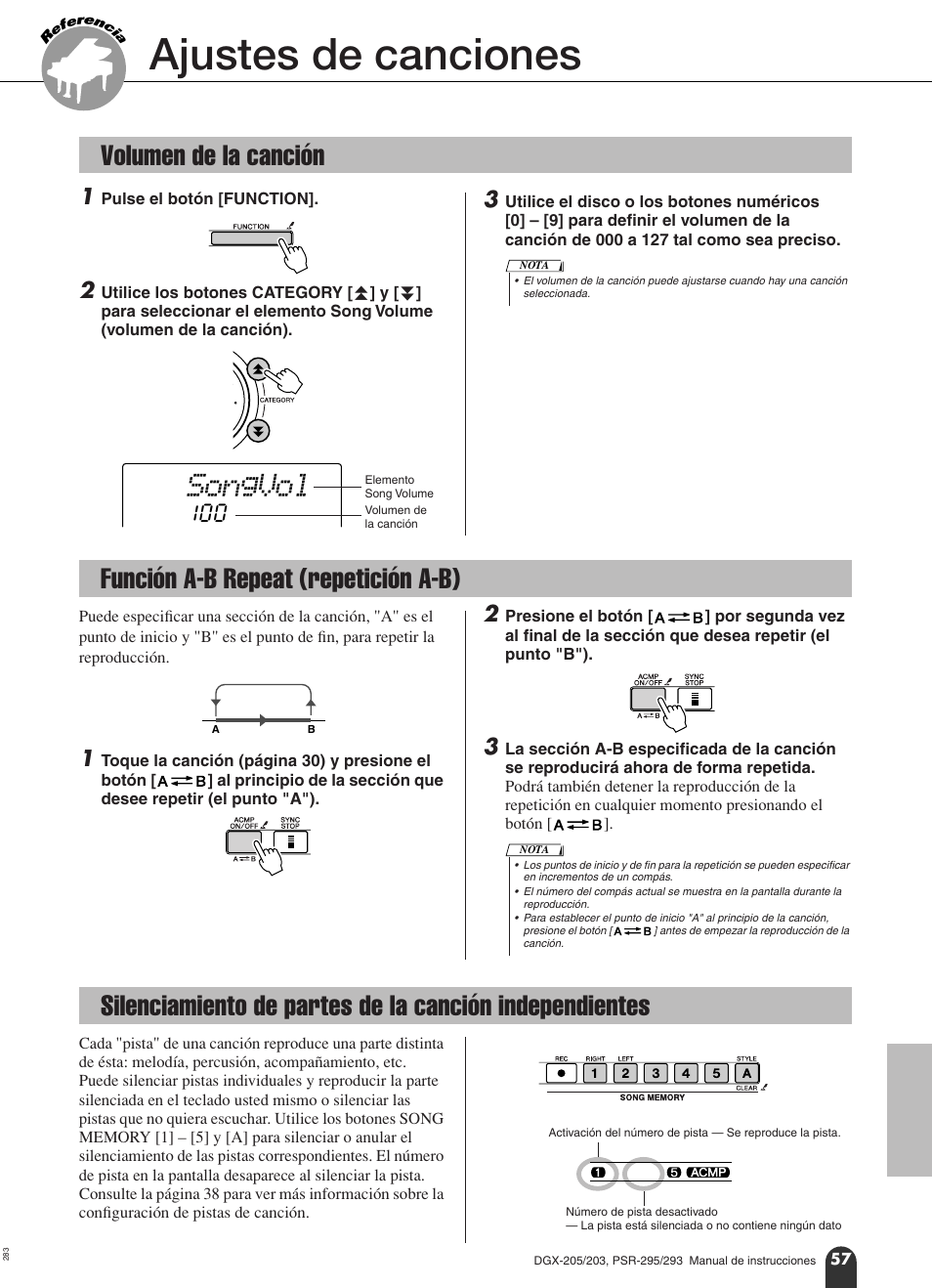 Ajustes de canciones, Volumen de la canción, Función a-b repeat (repetición a-b) | Songvol | Yamaha Portable Grand PortableGrand DGX-203 User Manual | Page 57 / 98