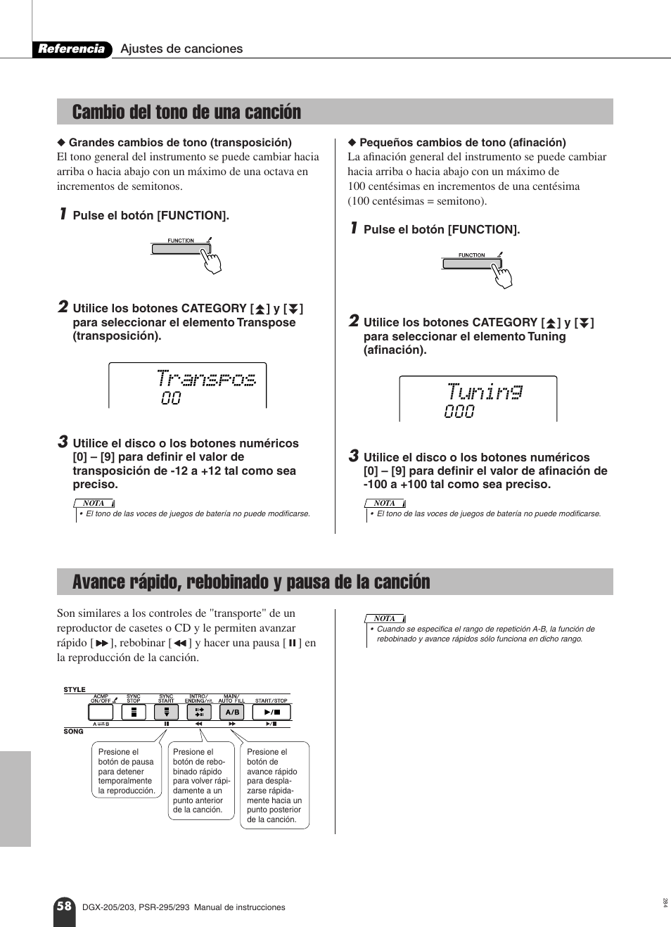 Cambio del tono de una canción, Avance rápido, rebobinado y pausa de la canción, Transpos | Tuning | Yamaha Portable Grand PortableGrand DGX-203 User Manual | Page 58 / 98