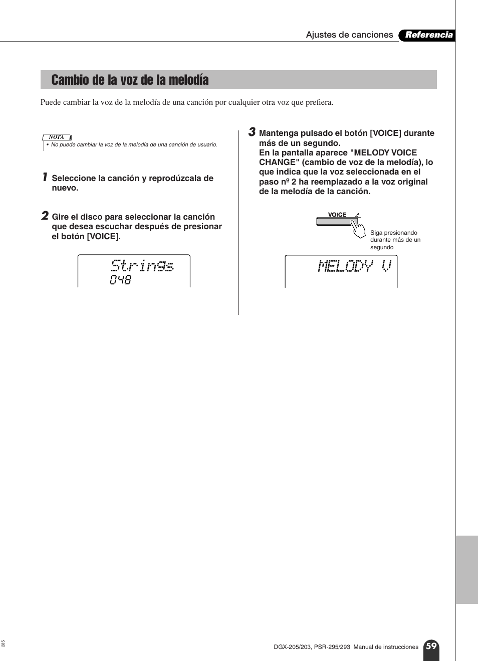 Cambio de la voz de la melodía, Strings, Melody v | Yamaha Portable Grand PortableGrand DGX-203 User Manual | Page 59 / 98