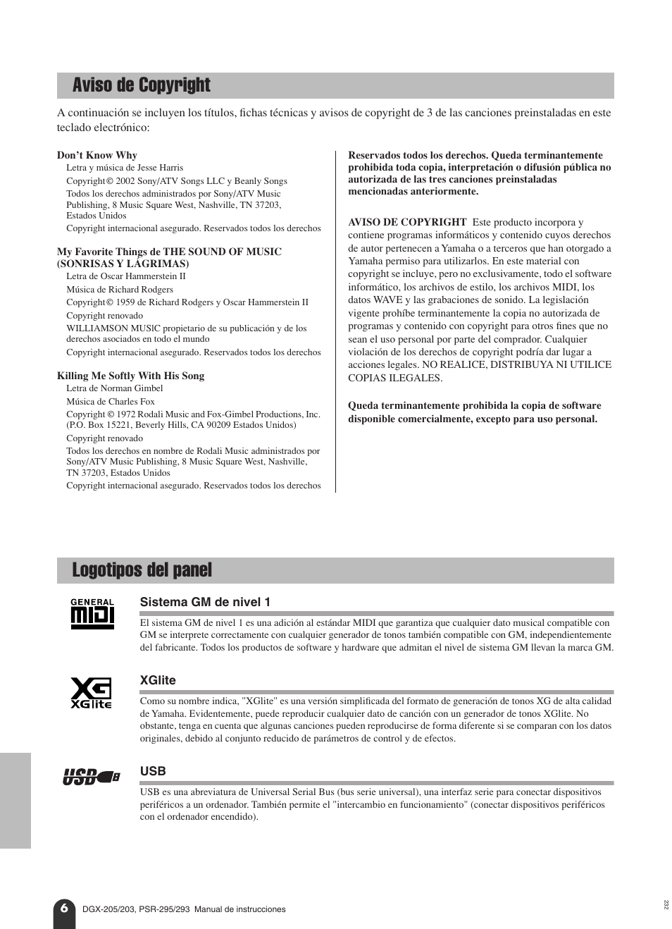 Aviso de copyright, Logotipos del panel, Aviso de copyright logotipos del panel | Yamaha Portable Grand PortableGrand DGX-203 User Manual | Page 6 / 98