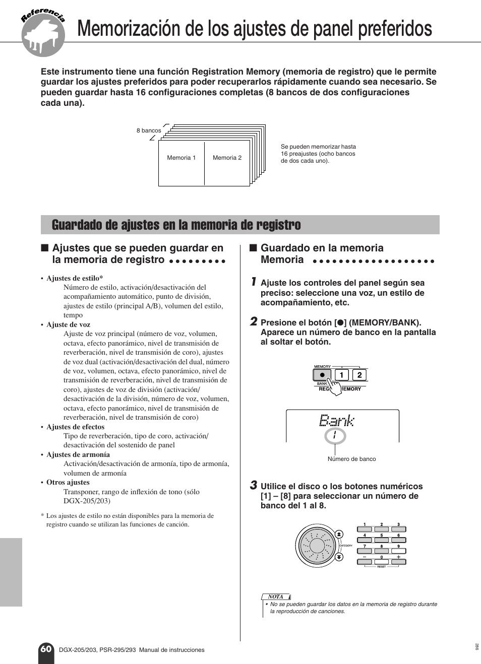 Memorización de los ajustes de panel preferidos, Guardado de ajustes en la memoria de registro, N guardado en la memoria memoria | Bank | Yamaha Portable Grand PortableGrand DGX-203 User Manual | Page 60 / 98