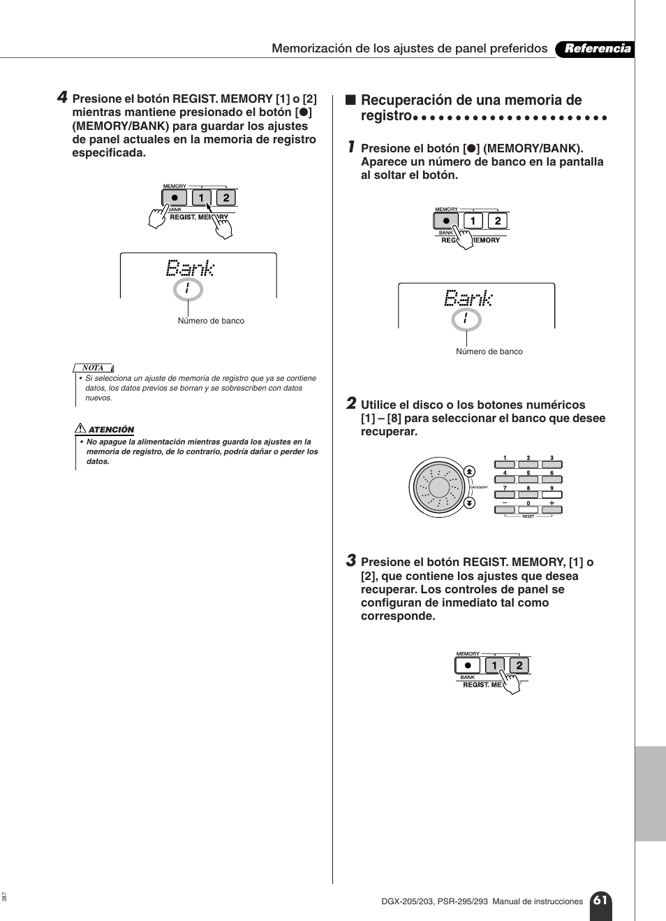 N recuperación de una memoria de registro, Bank | Yamaha Portable Grand PortableGrand DGX-203 User Manual | Page 61 / 98