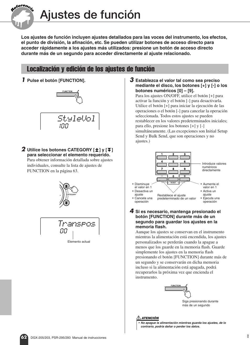 Ajustes de función, Localización y edición de los ajustes de función, Ina 62 | Stylevol, Transpos | Yamaha Portable Grand PortableGrand DGX-203 User Manual | Page 62 / 98