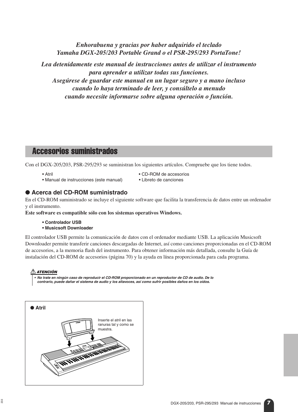 Accesorios suministrados | Yamaha Portable Grand PortableGrand DGX-203 User Manual | Page 7 / 98