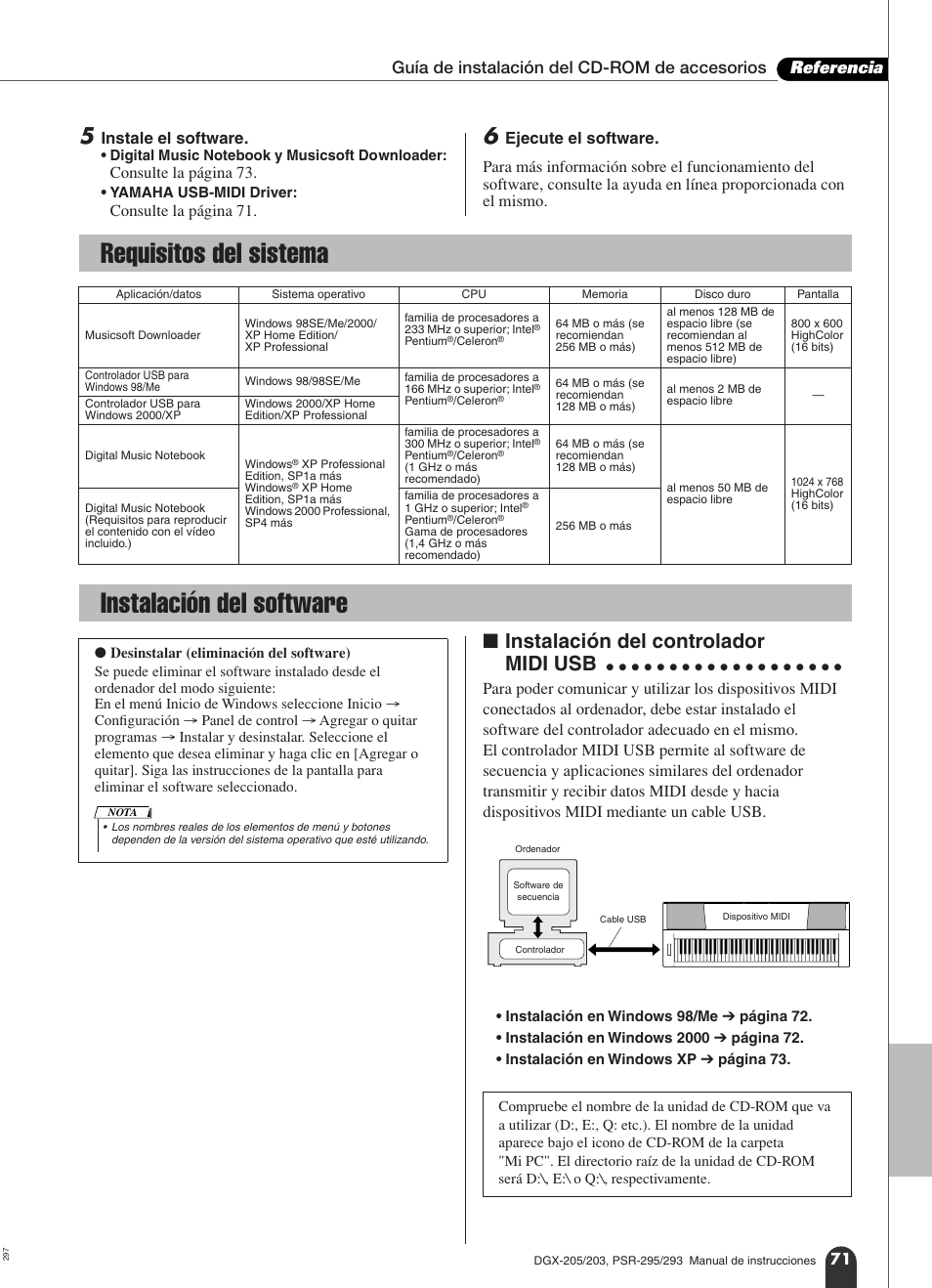 Requisitos del sistema, Instalación del software, N instalación del controlador midi usb | Requisitos del sistema instalación del software, 71 par, Instalación del controlador midi usb | Yamaha Portable Grand PortableGrand DGX-203 User Manual | Page 71 / 98