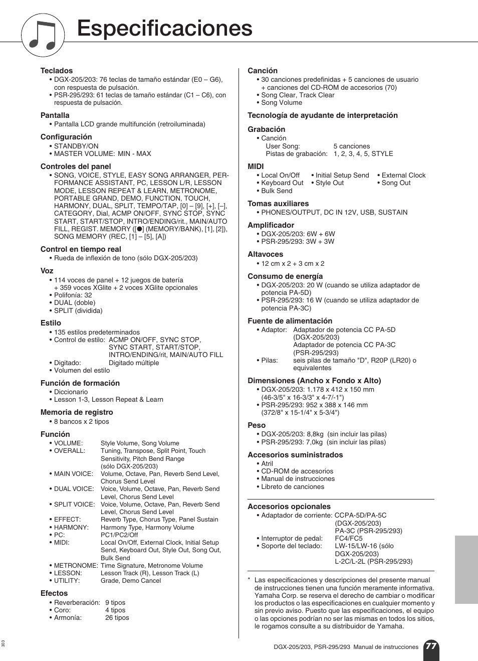 Especificaciones | Yamaha Portable Grand PortableGrand DGX-203 User Manual | Page 77 / 98