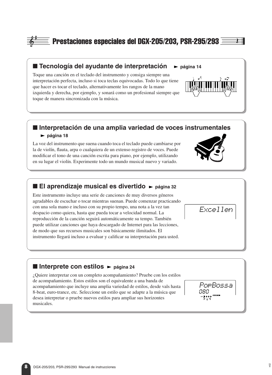 Excellen, Popbossa, Tecnología del ayudante de interpretación | El aprendizaje musical es divertido, Interprete con estilos | Yamaha Portable Grand PortableGrand DGX-203 User Manual | Page 8 / 98