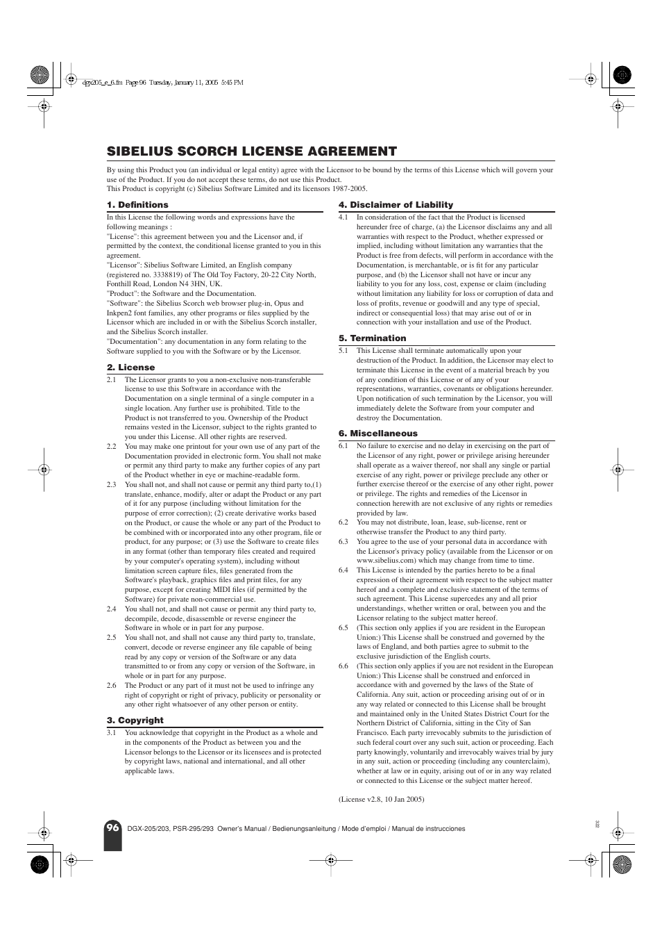 Sibelius scorch license agreement | Yamaha Portable Grand PortableGrand DGX-203 User Manual | Page 96 / 98