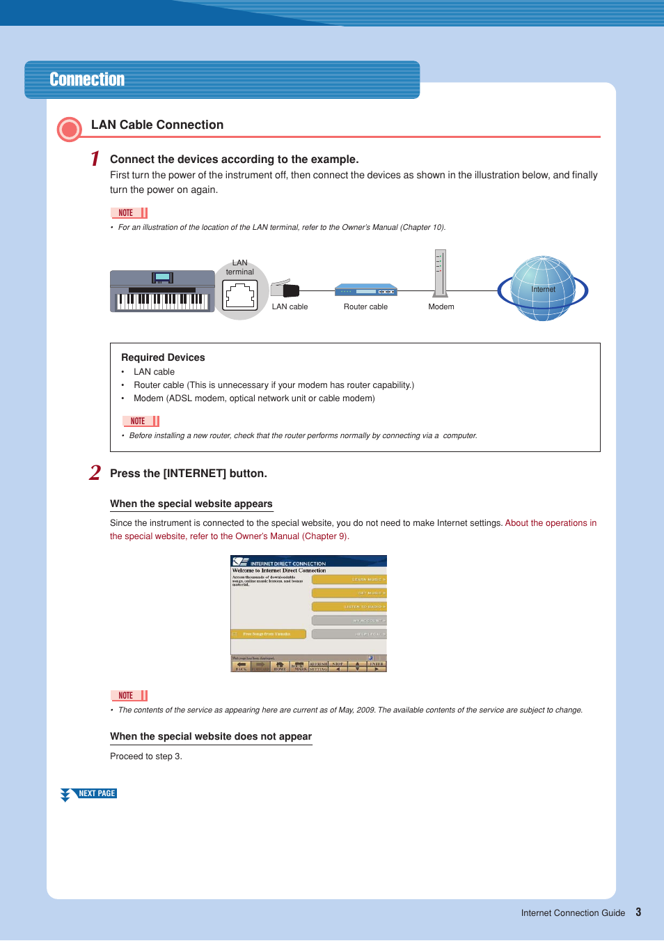 Connection, Lan cable connection | Yamaha CVP-509  EN User Manual | Page 3 / 20