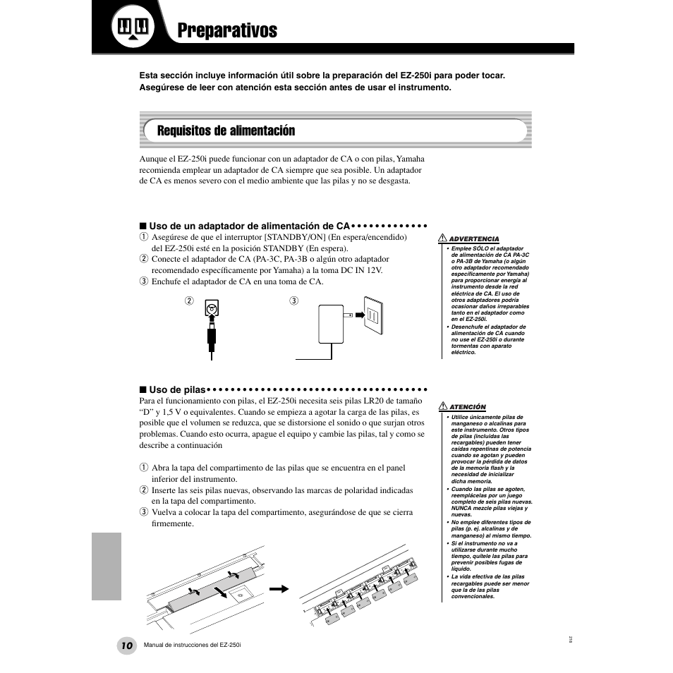 Preparativos, Requisitos de alimentación | Yamaha Portatone EZ-250i User Manual | Page 10 / 87