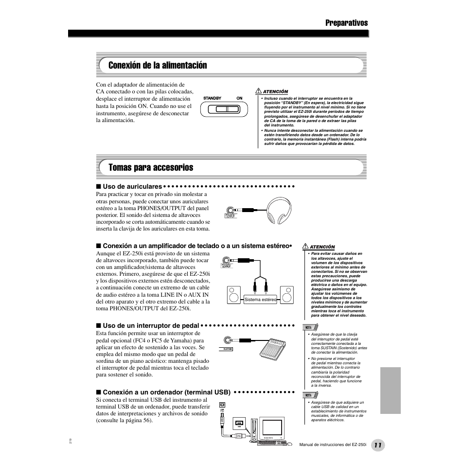 Conexión de la alimentación, Tomas para accesorios, Preparativos | Yamaha Portatone EZ-250i User Manual | Page 11 / 87