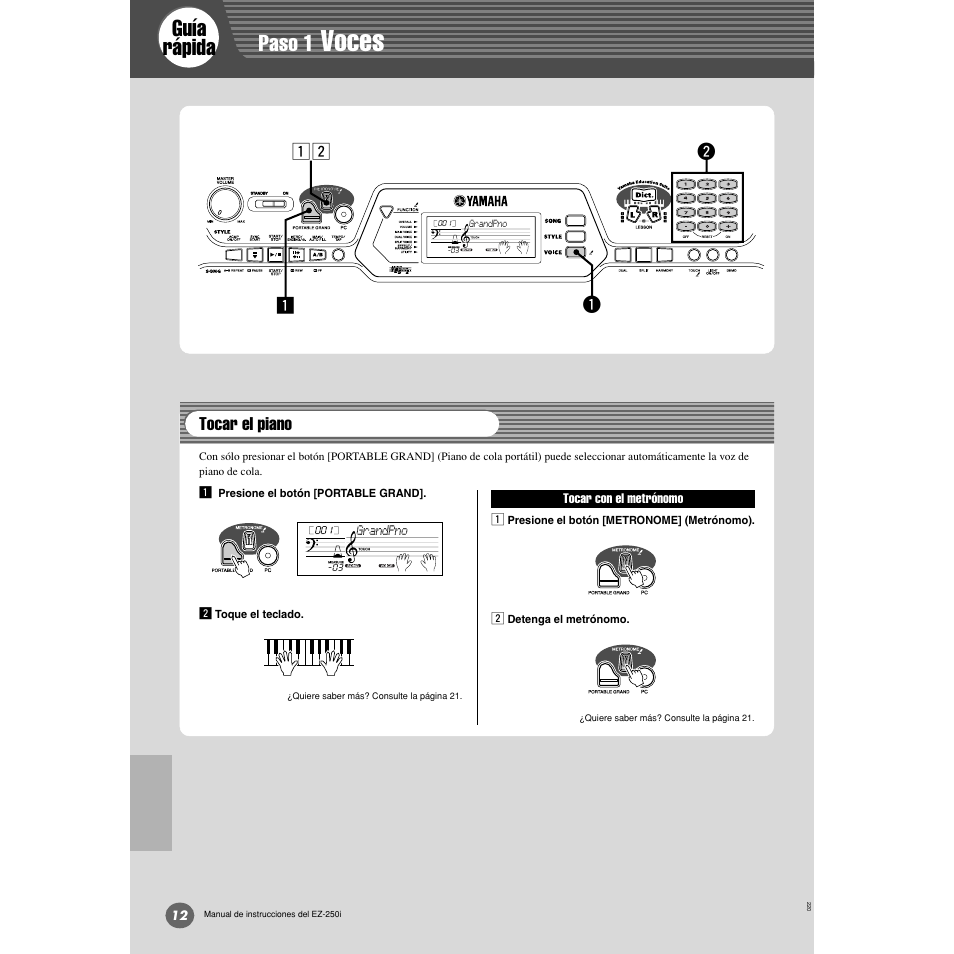 Guía rápida, Paso 1 voces, Tocar el piano | Voces, Paso 1, Wz z x q | Yamaha Portatone EZ-250i User Manual | Page 12 / 87