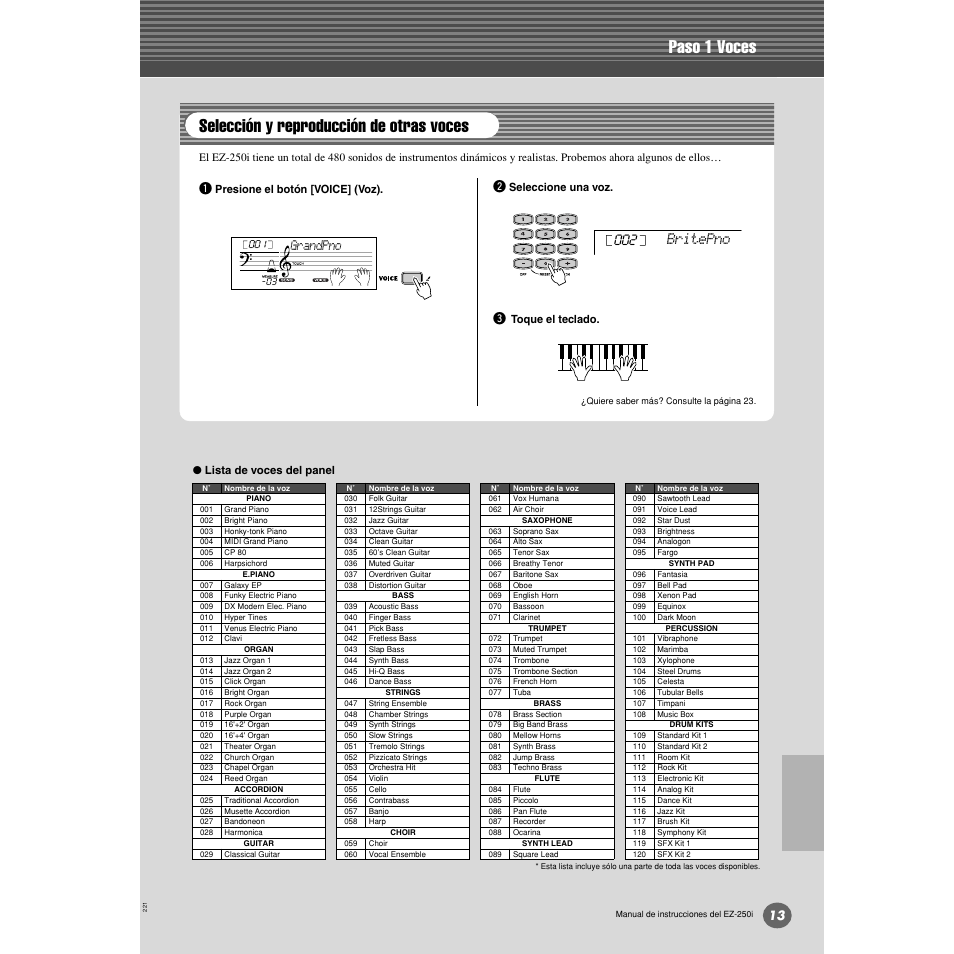 Selección y reproducción de otras voces, Paso 1 voces, Britepno | Grandpno, Presione el botón [voice] (voz), Seleccione una voz, Toque el teclado, Lista de voces del panel | Yamaha Portatone EZ-250i User Manual | Page 13 / 87