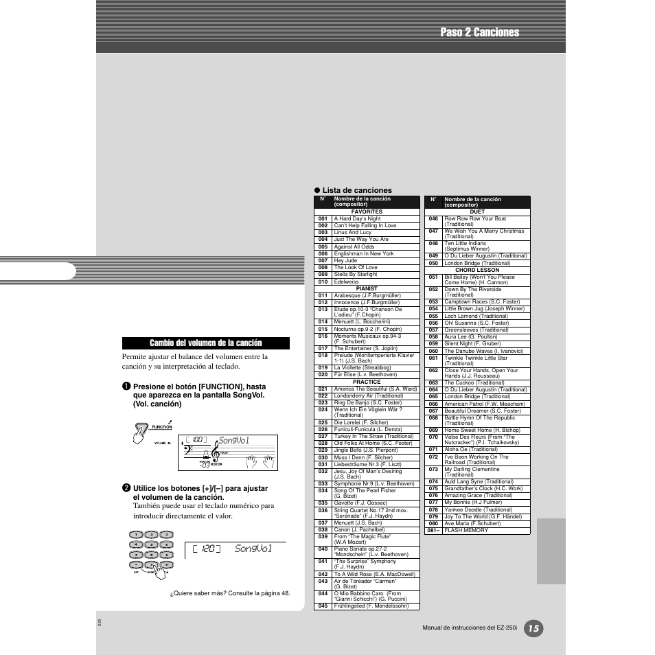 Paso 2 canciones, Cambio del volumen de la canción, Songvol | Lista de canciones | Yamaha Portatone EZ-250i User Manual | Page 15 / 87