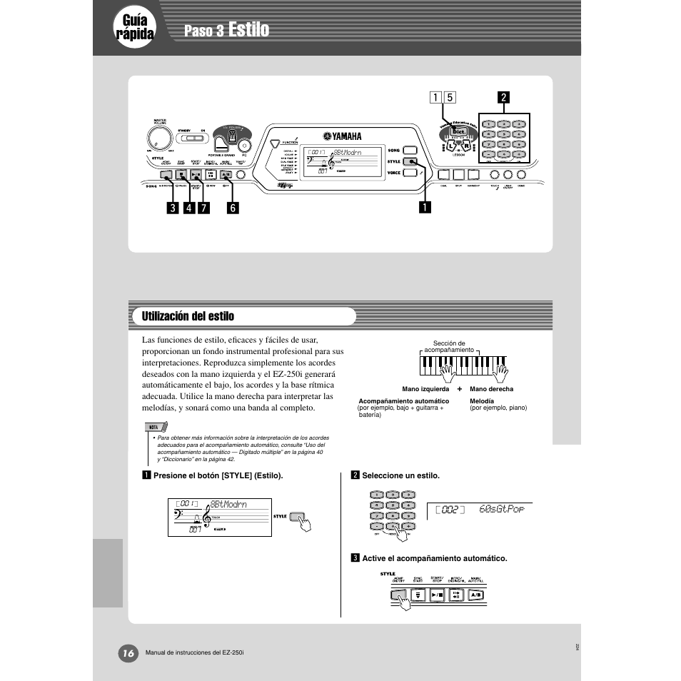 Paso 3 estilo, Utilización del estilo, Estilo | Guía rápida, Paso 3 | Yamaha Portatone EZ-250i User Manual | Page 16 / 87