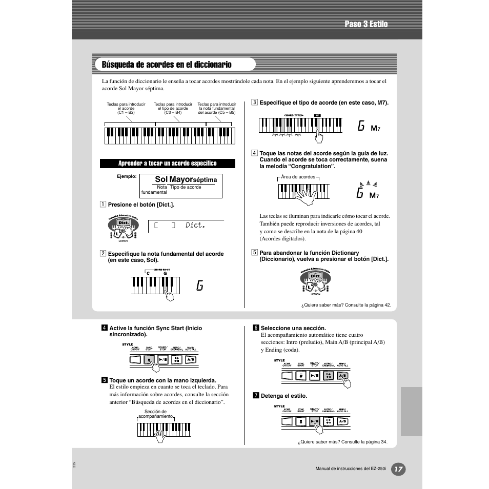 Búsqueda de acordes en el diccionario, Paso 3 estilo, Sol mayor | Yamaha Portatone EZ-250i User Manual | Page 17 / 87