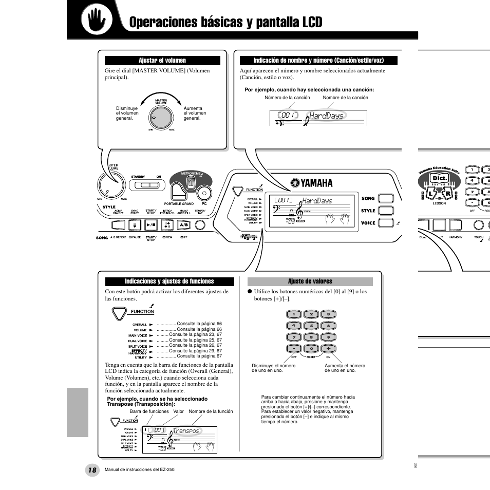 Operaciones básicas y pantalla lcd, Harddays | Yamaha Portatone EZ-250i User Manual | Page 18 / 87