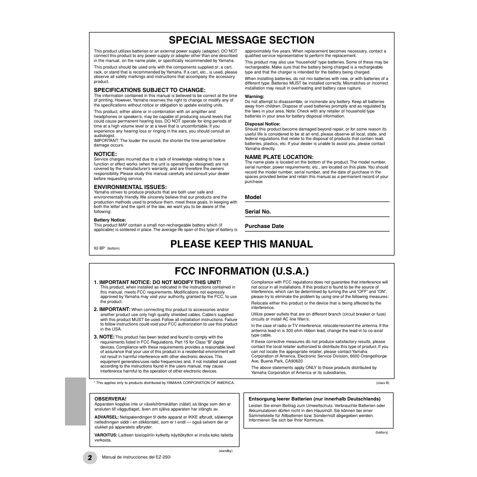 Special message section, Please keep this manual, Fcc information (u.s.a.) | Yamaha Portatone EZ-250i User Manual | Page 2 / 87