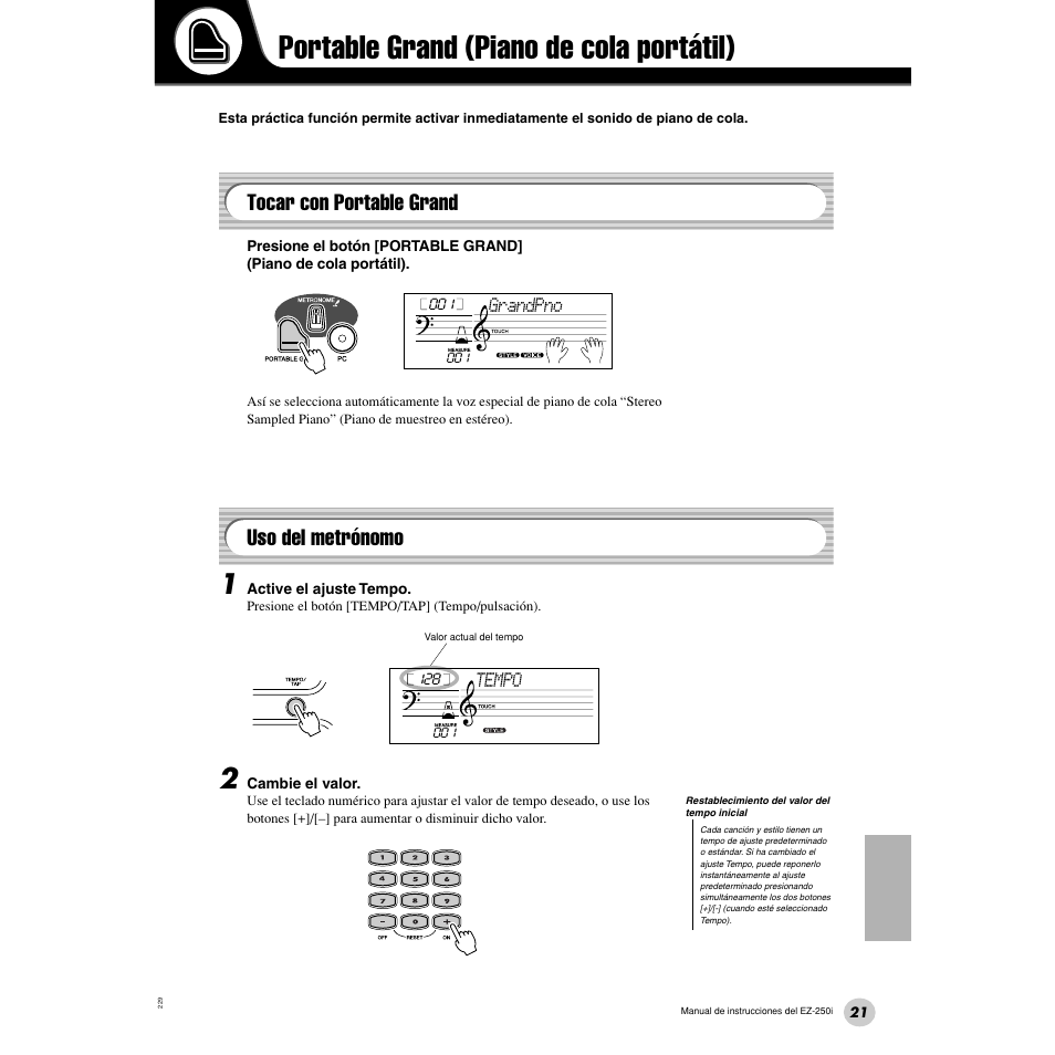 Portable grand (piano de cola portátil), Tocar con portable grand, Uso del metrónomo | Tocar con portable grand • uso del metrónomo | Yamaha Portatone EZ-250i User Manual | Page 21 / 87