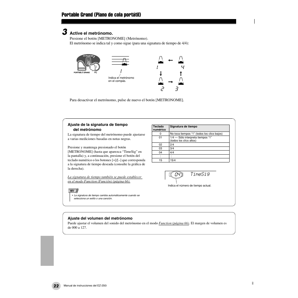 Portable grand (piano de cola portátil), Timesig | Yamaha Portatone EZ-250i User Manual | Page 22 / 87
