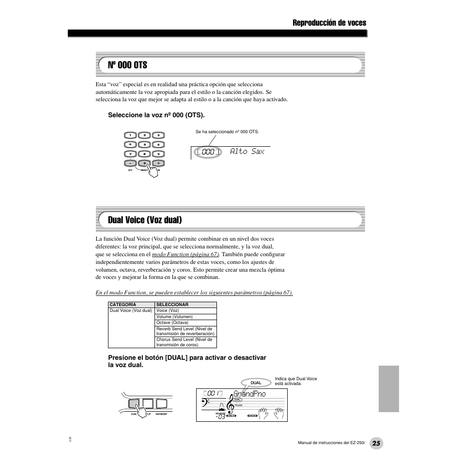 Nº 000 ots, Dual voice (voz dual), Nº 000 ots • dual voice (voz dual) | Reproducción de voces, Grandpno | Yamaha Portatone EZ-250i User Manual | Page 25 / 87