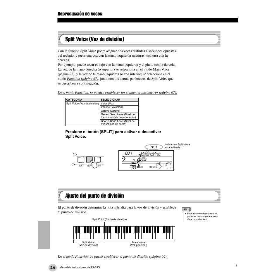 Split voice (voz de división), Ajuste del punto de división, Reproducción de voces | Grandpno | Yamaha Portatone EZ-250i User Manual | Page 26 / 87