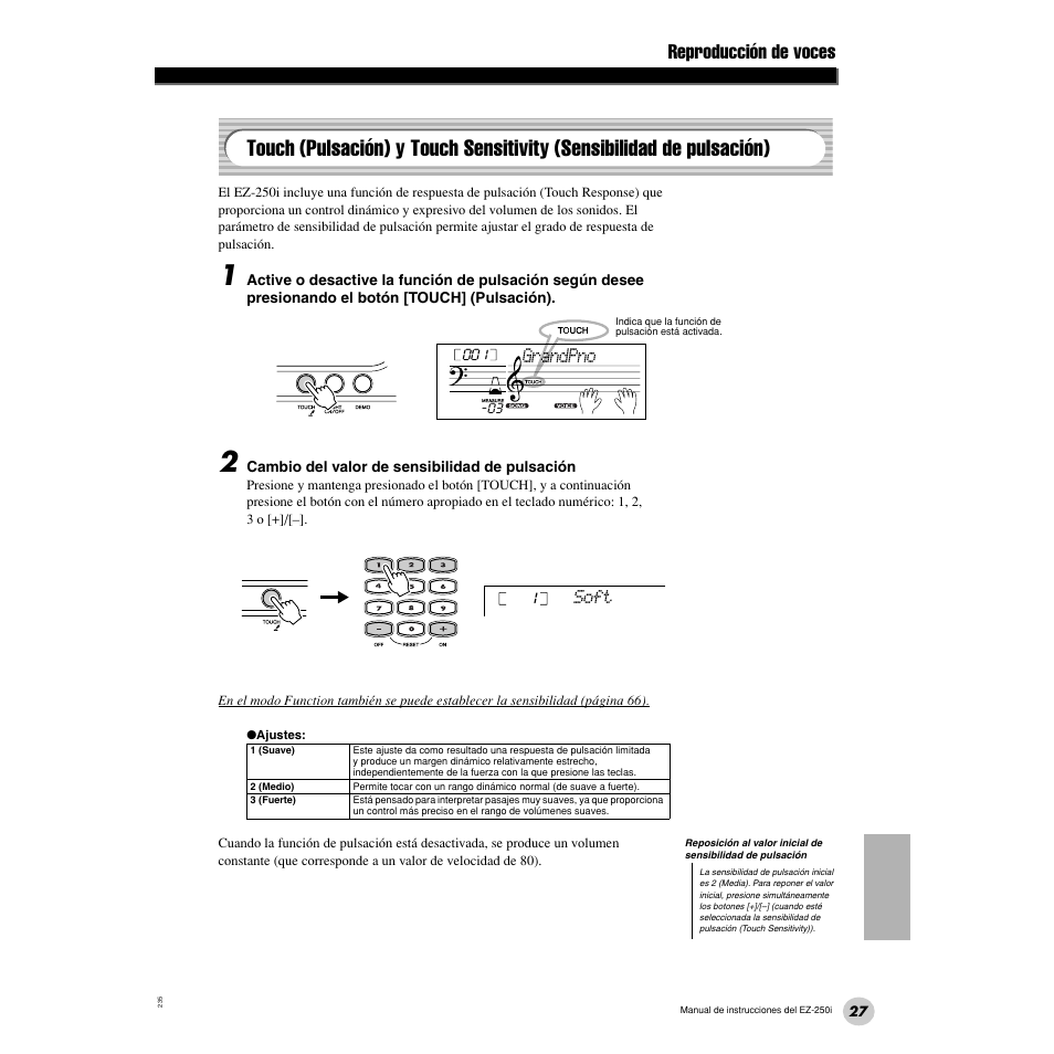 Touch (pulsación) y touch sensitivity, Sensibilidad de pulsación), Reproducción de voces | Grandpno | Yamaha Portatone EZ-250i User Manual | Page 27 / 87