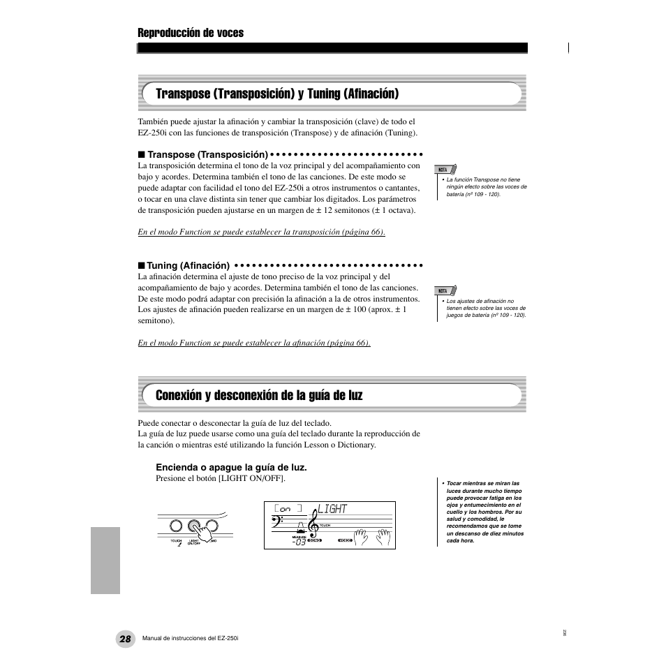 Transpose (transposición) y tuning (afinación), Conexión y desconexión de la guía de luz, Transpose (transposición) y tuning | Afinación), Reproducción de voces, Light | Yamaha Portatone EZ-250i User Manual | Page 28 / 87