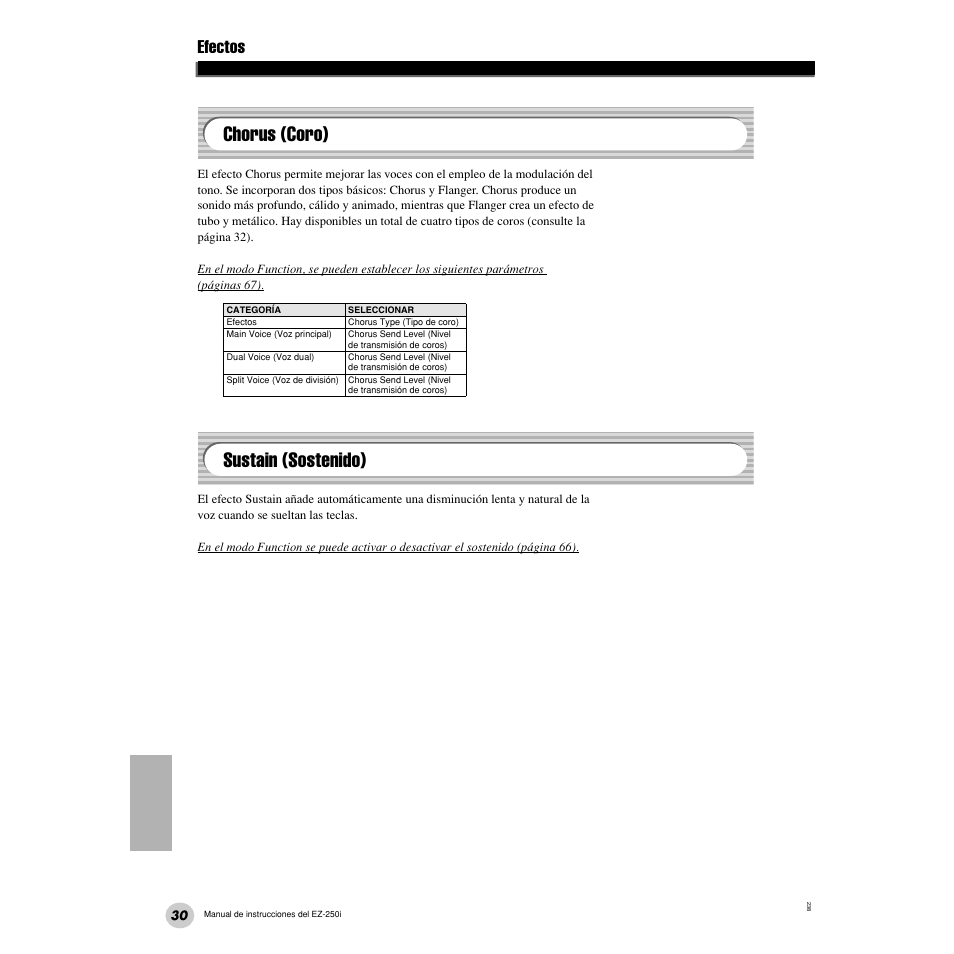 Chorus (coro), Sustain (sostenido), Chorus (coro) • sustain (sostenido) | Chorus (coro) sustain (sostenido), Efectos | Yamaha Portatone EZ-250i User Manual | Page 30 / 87