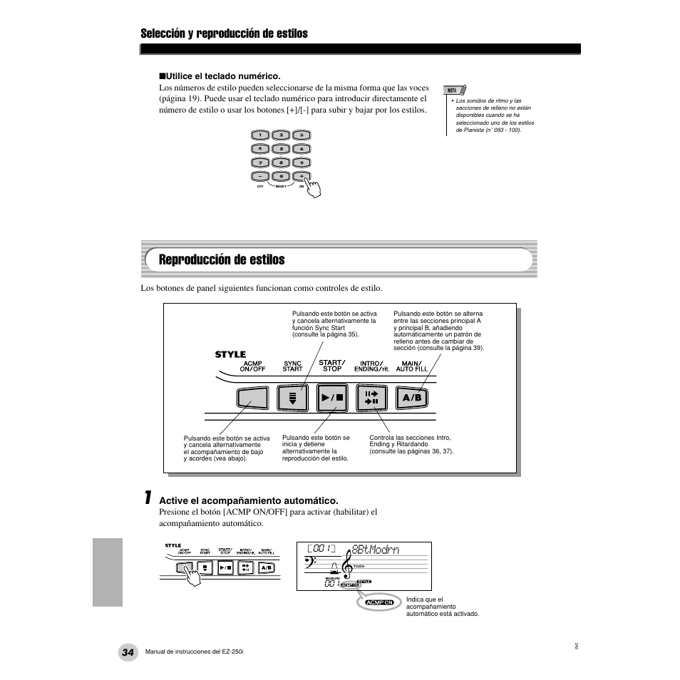 Reproducción de estilos, Selección y reproducción de estilos, 8btmodrn | Yamaha Portatone EZ-250i User Manual | Page 34 / 87