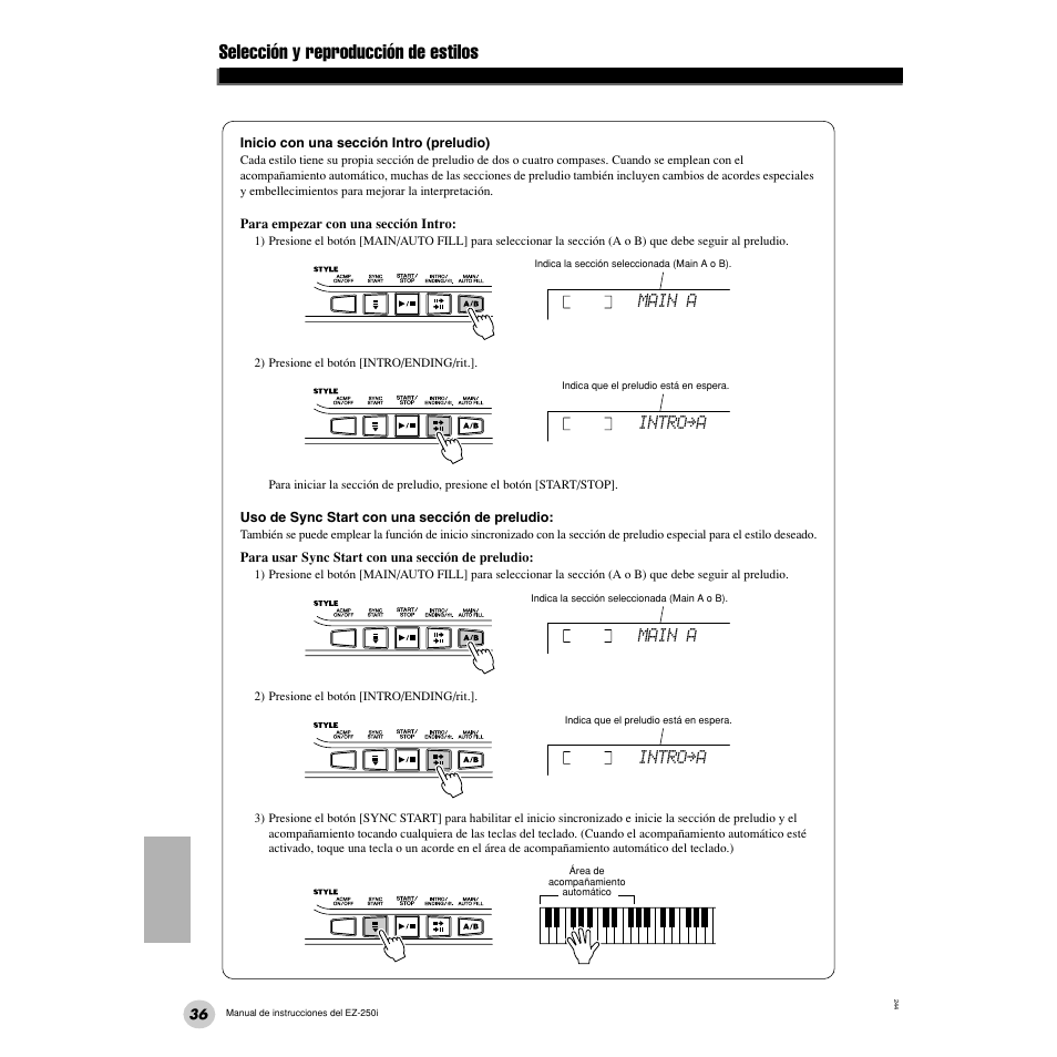 Selección y reproducción de estilos, Main a, Intro≥a | Yamaha Portatone EZ-250i User Manual | Page 36 / 87