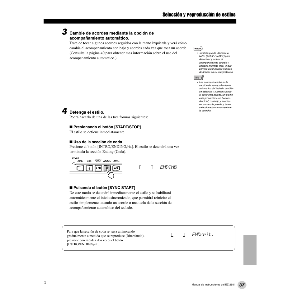 Selección y reproducción de estilos | Yamaha Portatone EZ-250i User Manual | Page 37 / 87