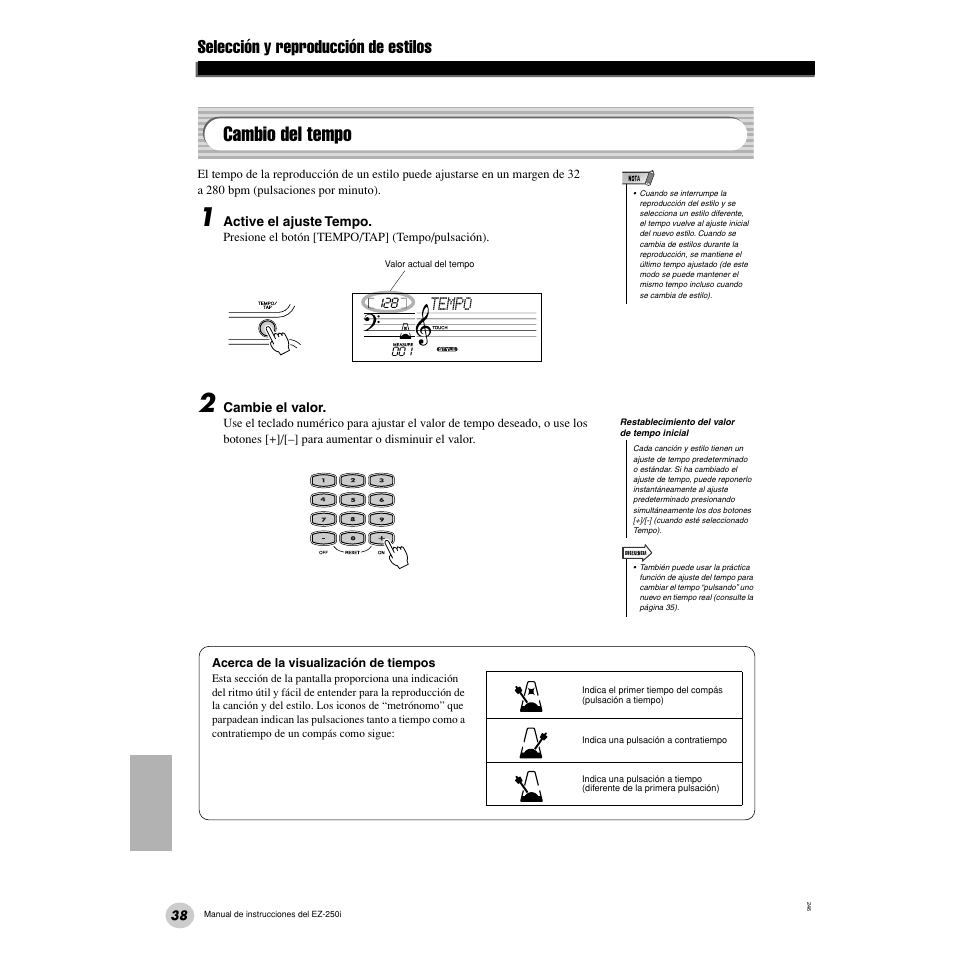 Cambio del tempo, Selección y reproducción de estilos, Tempo | Yamaha Portatone EZ-250i User Manual | Page 38 / 87