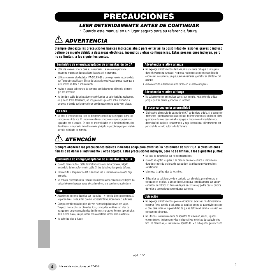 Precauciones, Advertencia, Atención | Leer detenidamente antes de continuar | Yamaha Portatone EZ-250i User Manual | Page 4 / 87