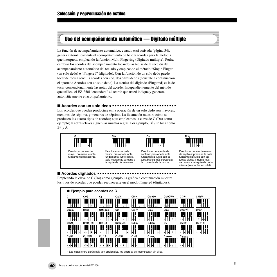 Uso del acompañamiento automático, Digitado múltiple, Selección y reproducción de estilos | Acordes con un solo dedo, Acordes digitados, Ejemplo para acordes de c | Yamaha Portatone EZ-250i User Manual | Page 40 / 87