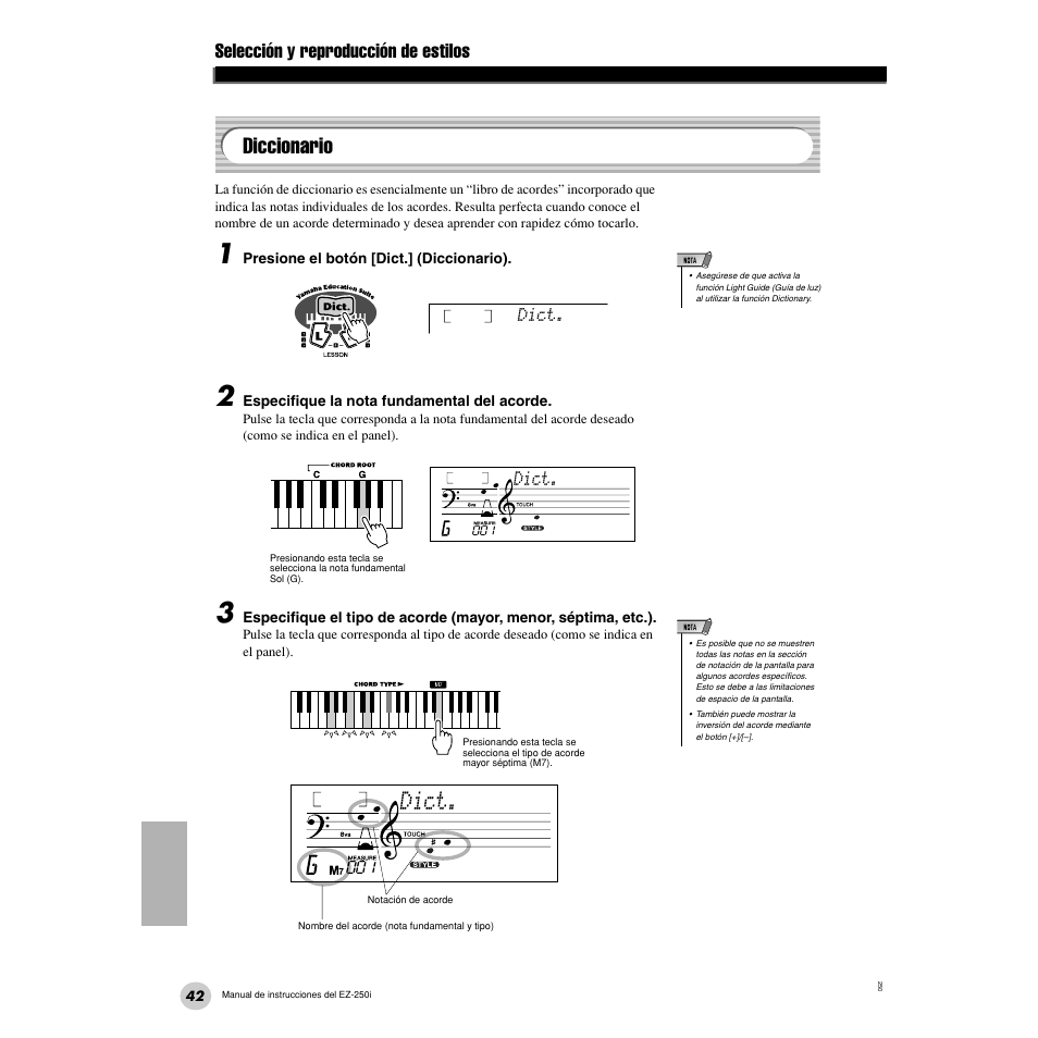 Diccionario, Dict, Selección y reproducción de estilos | Yamaha Portatone EZ-250i User Manual | Page 42 / 87