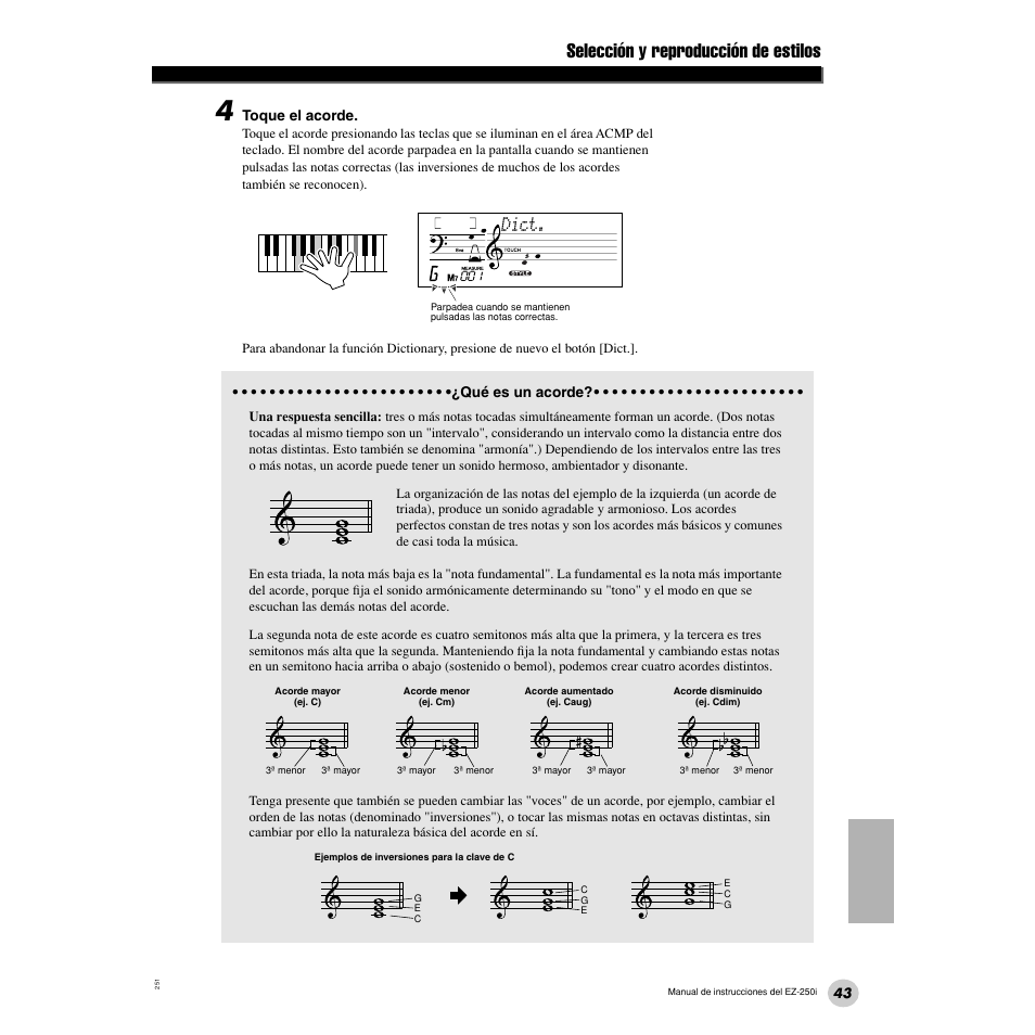 Selección y reproducción de estilos, Dict | Yamaha Portatone EZ-250i User Manual | Page 43 / 87