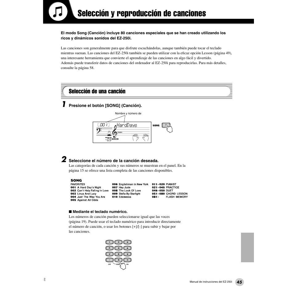 Selección y reproducción de canciones, Selección de una canción | Yamaha Portatone EZ-250i User Manual | Page 45 / 87