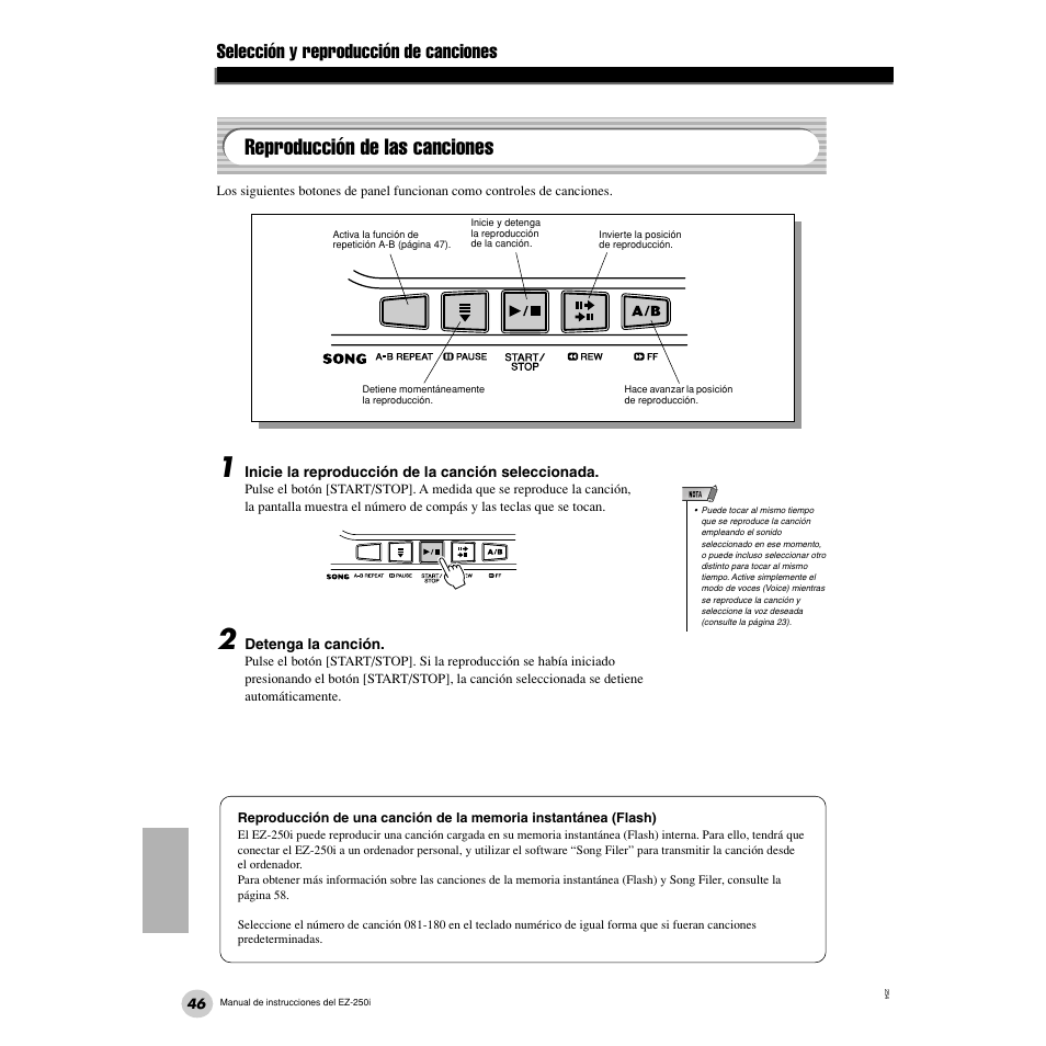 Reproducción de las canciones, Selección y reproducción de canciones | Yamaha Portatone EZ-250i User Manual | Page 46 / 87