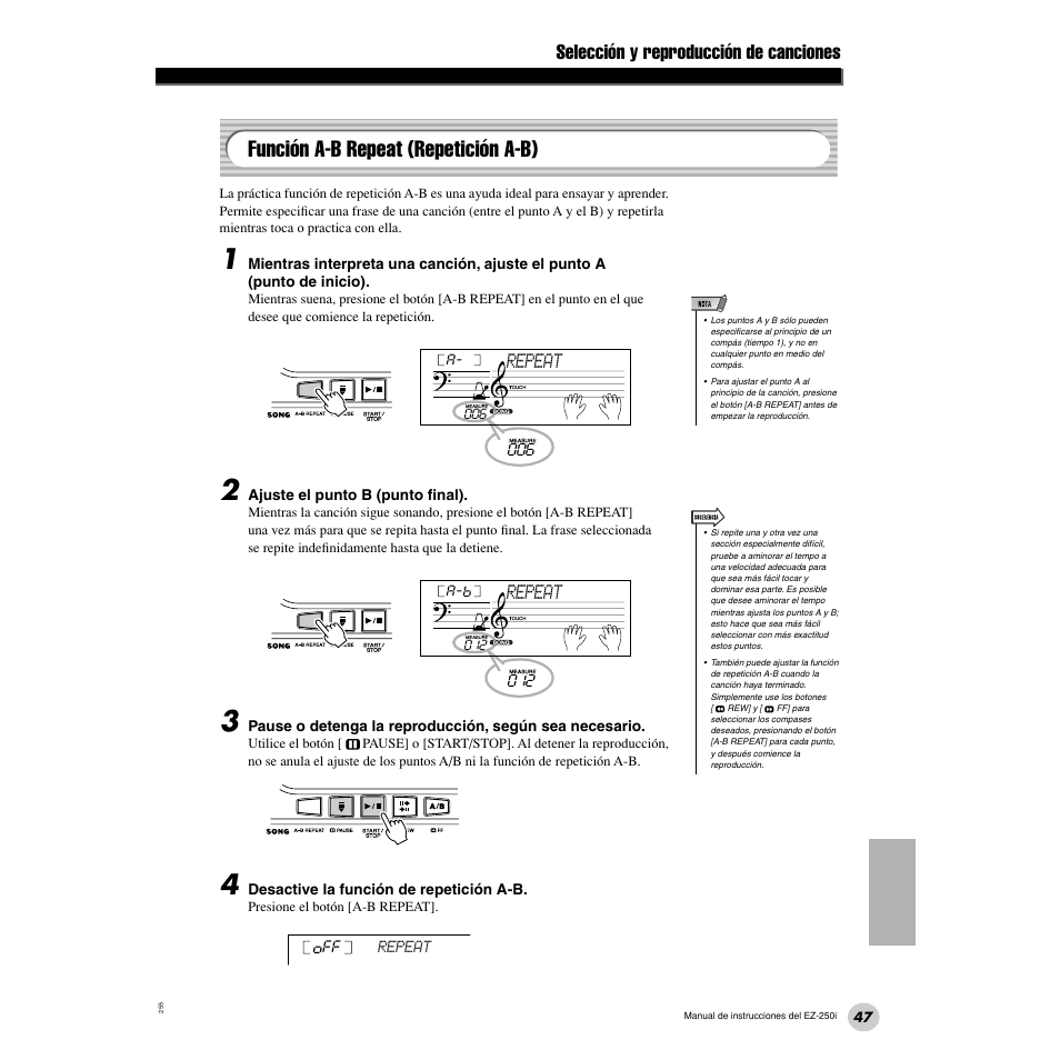 Función a-b repeat (repetición a-b), Selección y reproducción de canciones, Repeat | Yamaha Portatone EZ-250i User Manual | Page 47 / 87