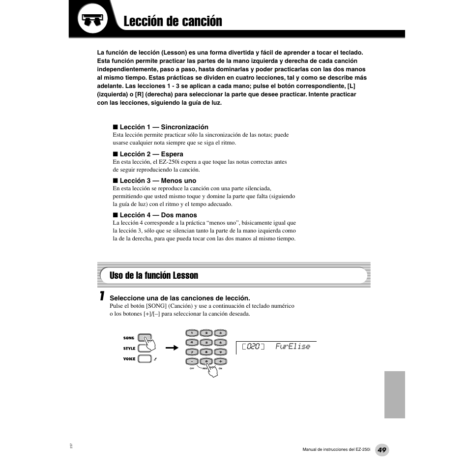 Lección de canción, Uso de la función lesson | Yamaha Portatone EZ-250i User Manual | Page 49 / 87