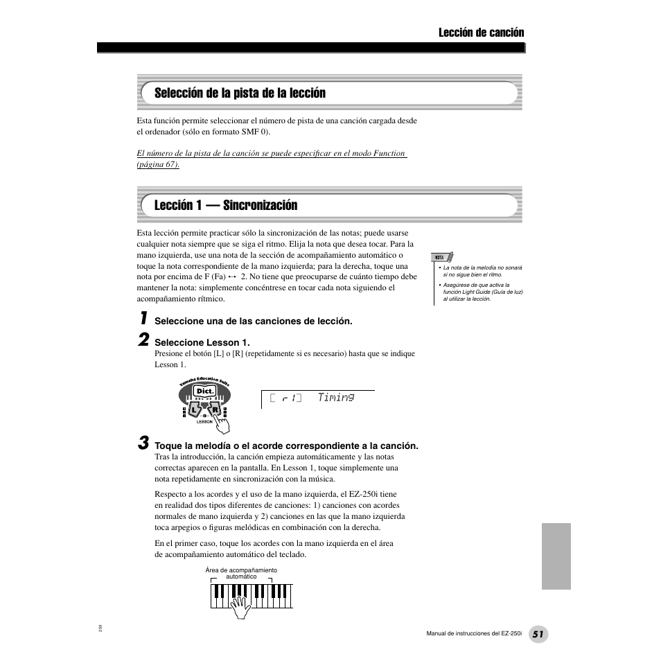 Selección de la pista de la lección, Lección 1 — sincronización, Lección de canción | Yamaha Portatone EZ-250i User Manual | Page 51 / 87